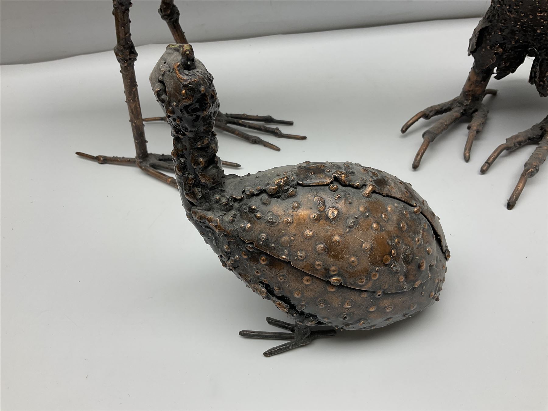 Three metalwork figures of bird, to include owl, a heron etc, largest H45cm