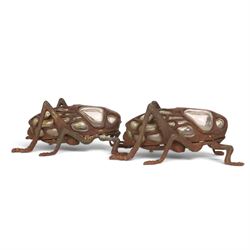 Pair of Japanese cast iron lanterns formed of crickets, H13cm