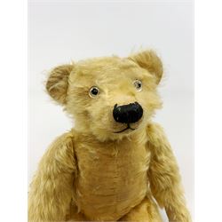 Alpha Farnell Toys large blonde mohair teddy bear with glass eyes, vertically stitched nose and mouth and jointed limbs with stitched claws, label to right foot pad H23.5