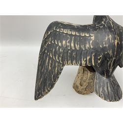Wooden sculpture of Cormorant aquatic bird on a naturalistic wooden plinth, H46cm
