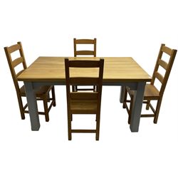 Oak dining table, rectangular top with rounded corners on painted base, square supports with stop-chamfered edges; together with a set of four oak dining chairs 