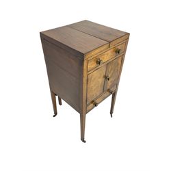 Georgian mahogany washstand cabinet, the double hinged lid opens to reveal wash basin and lift up tilting mirror, false drawer over double cupboard and drawer, on square supports with brass cups and castors