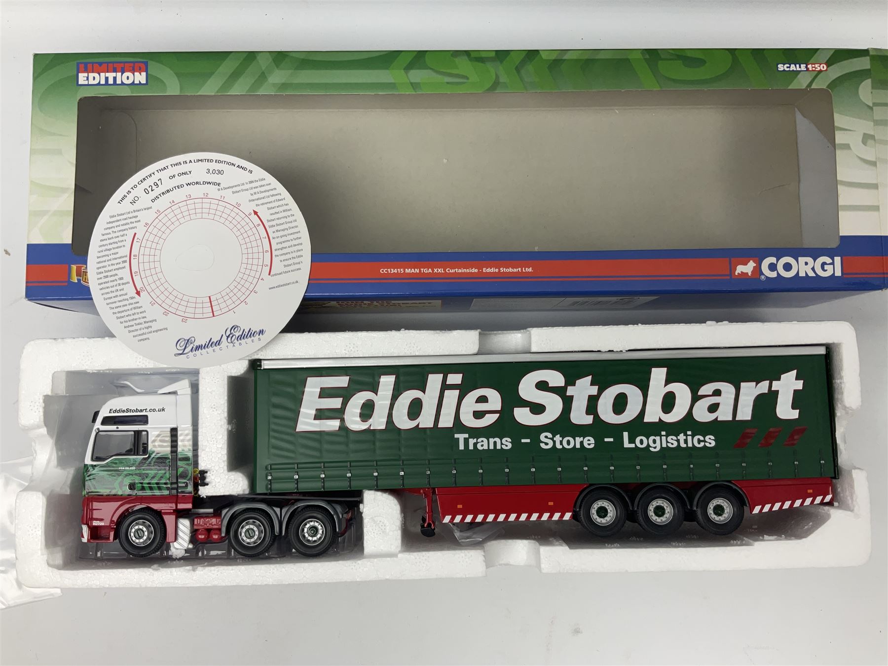 Corgi Eddie Stobart - three limited edition lorries; two Hauliers of Renown - CC13415 MAN TGA XXL Curtainside and CC14002 Volvo FH Curtainside; and  CC12607 Scammell Crusader Tautliner; all boxed (3)
