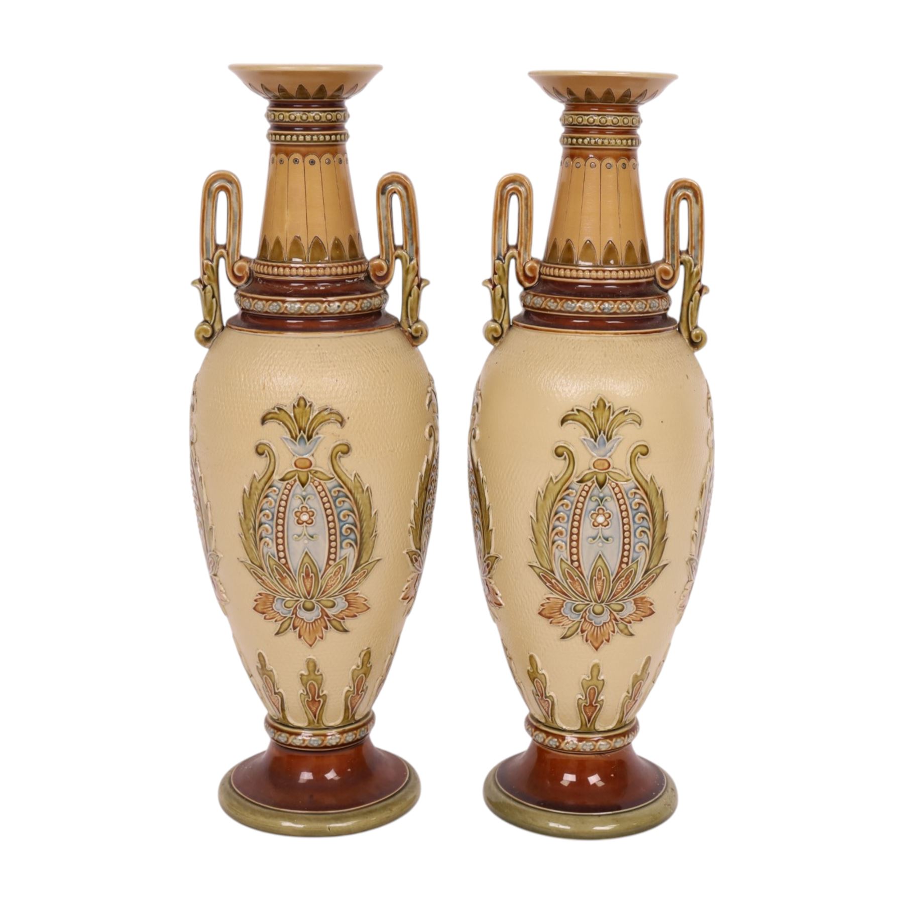 Villeroy & Boch Mettlach, pair of twin handled vases, decorated with floral panels and beaded neck, model 2505, H34cm 