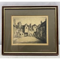 William Douglas Macleod (Scottish 1892-1963): 'White Horse Close - Edinburgh' drypoint etching signed and titled in pencil; Alfred Hugh Fisher (British 1867-1945): 'Gray's Inn - Christmas' drypoint etching signed in pencil, titled in the plate; 'Fuenterrabia', etching indistinctly signed and titled in pencil; together with a similar etching indistinctly signed and titled, and two Japanese watercolours, max 22cm x 16cm (6)