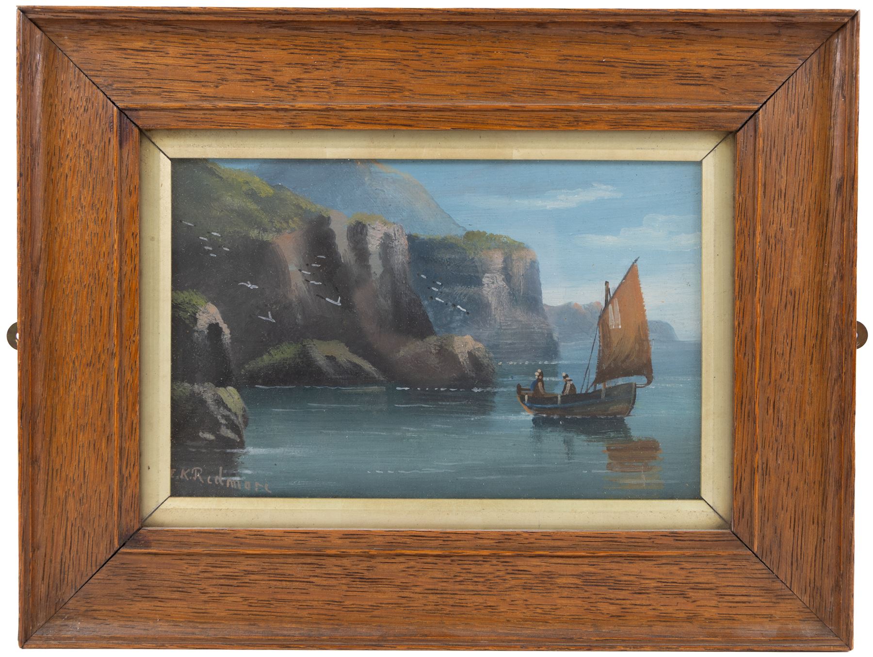Edward King Redmore (British 1860-1941): Two Boat Scenes with Headlands, two oils on board, together with two further scenes of boats, max 17cm x 18.5cm (4) (one unframed)