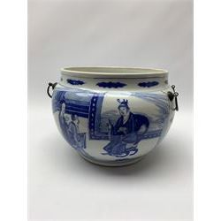 Chinese blue and white bowl, probably 18th century, of bulbous form with later mounted twin handles, decorated with figural scenes of Guanyin, with concentric circle mark beneath and label inscribed Kangxi, rim D20cm