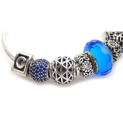  Silver Pandora charm bangle and charm bracelet, each with nine Pandora charms, all stamped S925 ALE   
