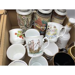 Large collection of glassware to include carnival glass, art glass paperweight, coloured glass, uranium glass, together with three covered steines, ceramic decanters etc, in four boxes 