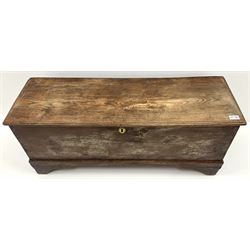 18th century elm chest, moulded rectangular hinged lid over plain front, on shaped bracket feet