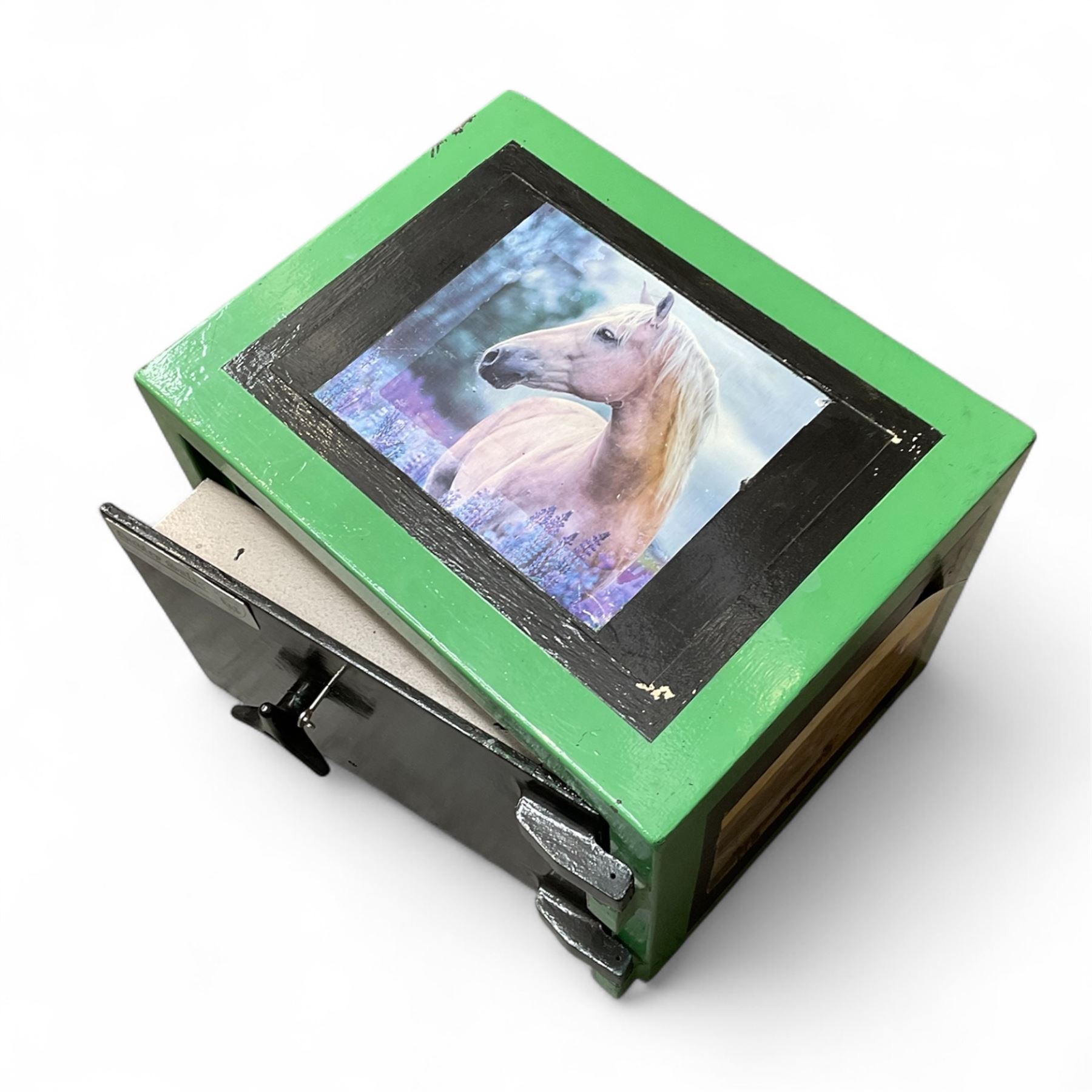 Green painted steel valuables safe, with key