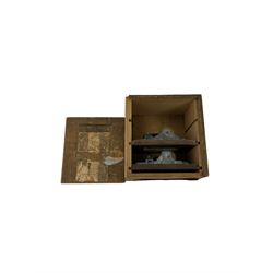 A German musical alarm clock (model 1523/24) made by the Hamburg Amerikanische Uhrenfabrik c1880, in an oak case with an architectural top and finial, two-part dial with a gilt centre, ivorine chapter and steel spade hands, with roman numerals and minute track, case raised on four bun feet, with a thirty-hour balance wheel pin pallet spring driven movement sounding the alarm on a musical movement, key wound and set from the rear. Compete with three different and changeable musical movements in their original box. These clocks would have been sold as here with separate musical movements, it is rare to find them with the original clock.
H30 W17 D11 

	



