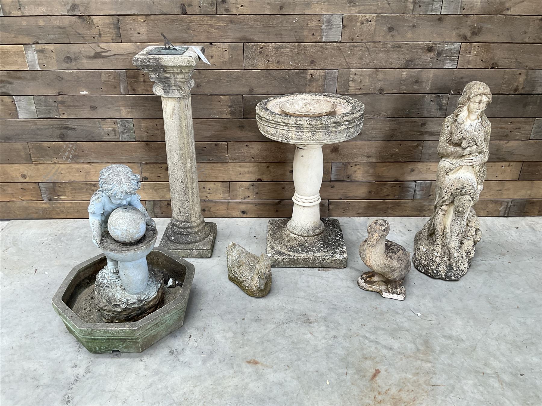 Cast stone circular bird bath, cast stone sun dial, garden figure, ducks, composite water feature