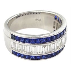 18ct white gold baguette cut diamond and princess cut sapphire, three row half eternity ring, stamped 750, total sapphire weight approx 2.50 carat, total diamond weight approx 1.00 carat