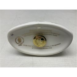 Four Royal Crown Derby teddy paperweights, comprising Teddy Cook, two Teddy George and Seated Teddy, all without stoppers, together with Crown Namestake with gold stopper 