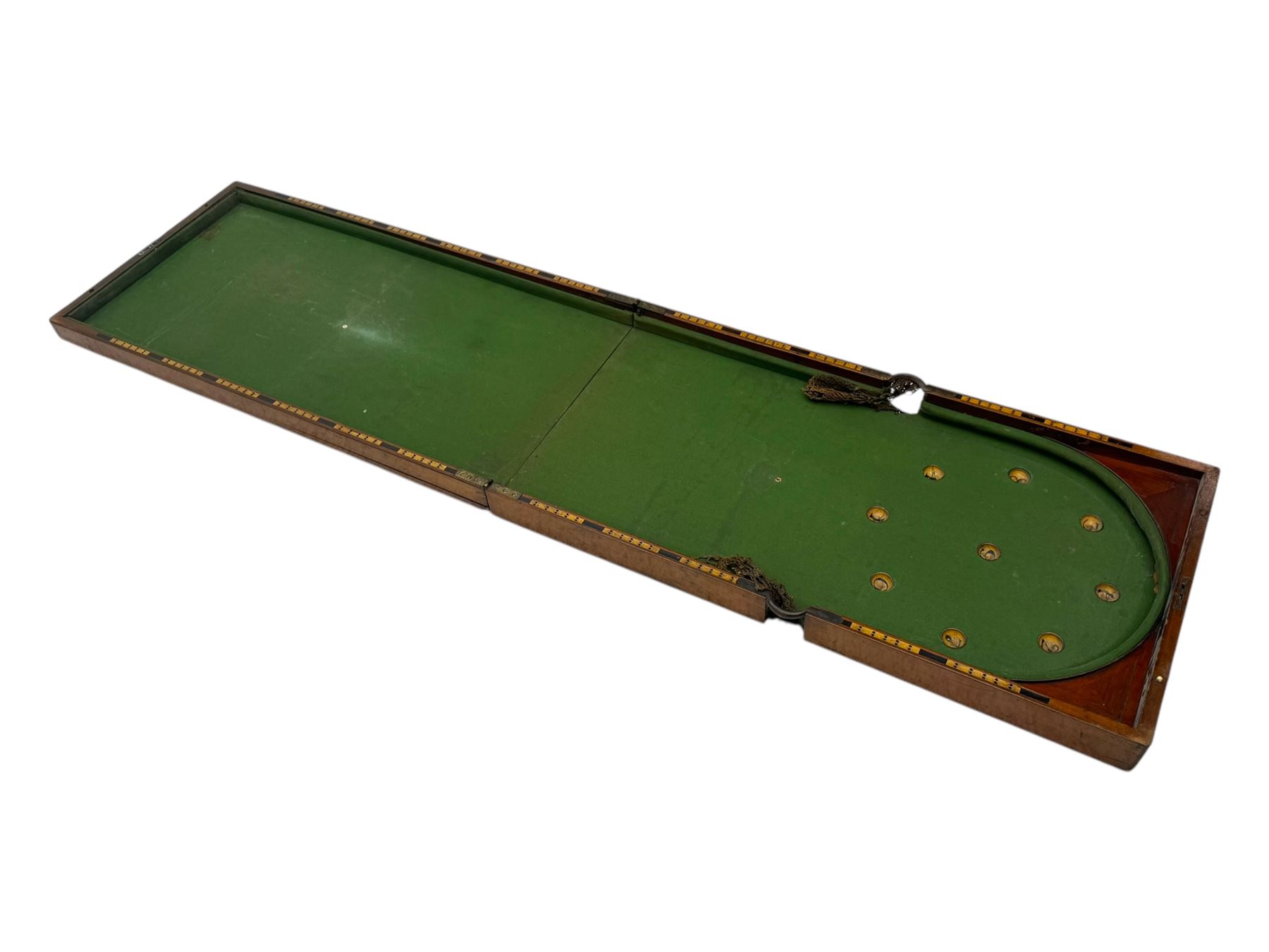 19th century mahogany cased bagatelle board, hinged case opening to reveal baize playing surface 