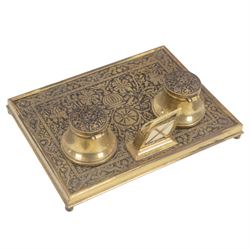 19th century brass inlaid desk stand with perpetual calendar, H7cm 