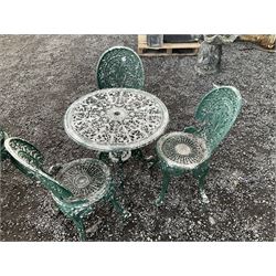 Painted aluminium circular garden table and three chairs - THIS LOT IS TO BE COLLECTED BY APPOINTMENT FROM DUGGLEBY STORAGE, GREAT HILL, EASTFIELD, SCARBOROUGH, YO11 3TX
