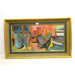  Modern British (20th century): Faces and Boats, oil on board unsigned 37cm x 74cm  