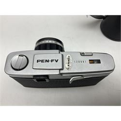 Olympus Pen FV camera body, serial no. 120981, with 'Olympus F.Zuiko Auto-S 1:1.8 f=38mm' lens, serial no. 251523, 'Olympus Zuiko Auto-zoom1:3.5 f=50-90mm, serial no. 135752 and clip on shoe