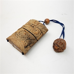 Japanese Meiji wooden four case inro, carved with dragons, with dragon netsuke and ojime bead, H8cm  