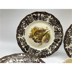 Royal Worcester Palissy Game Series pattern dinner wares, comprising seven dinner plates, six side plates, twelve bowls, sauce boat and stand, six tea cups, eight saucers, further larger saucer, milk jug, and open sucrier. 