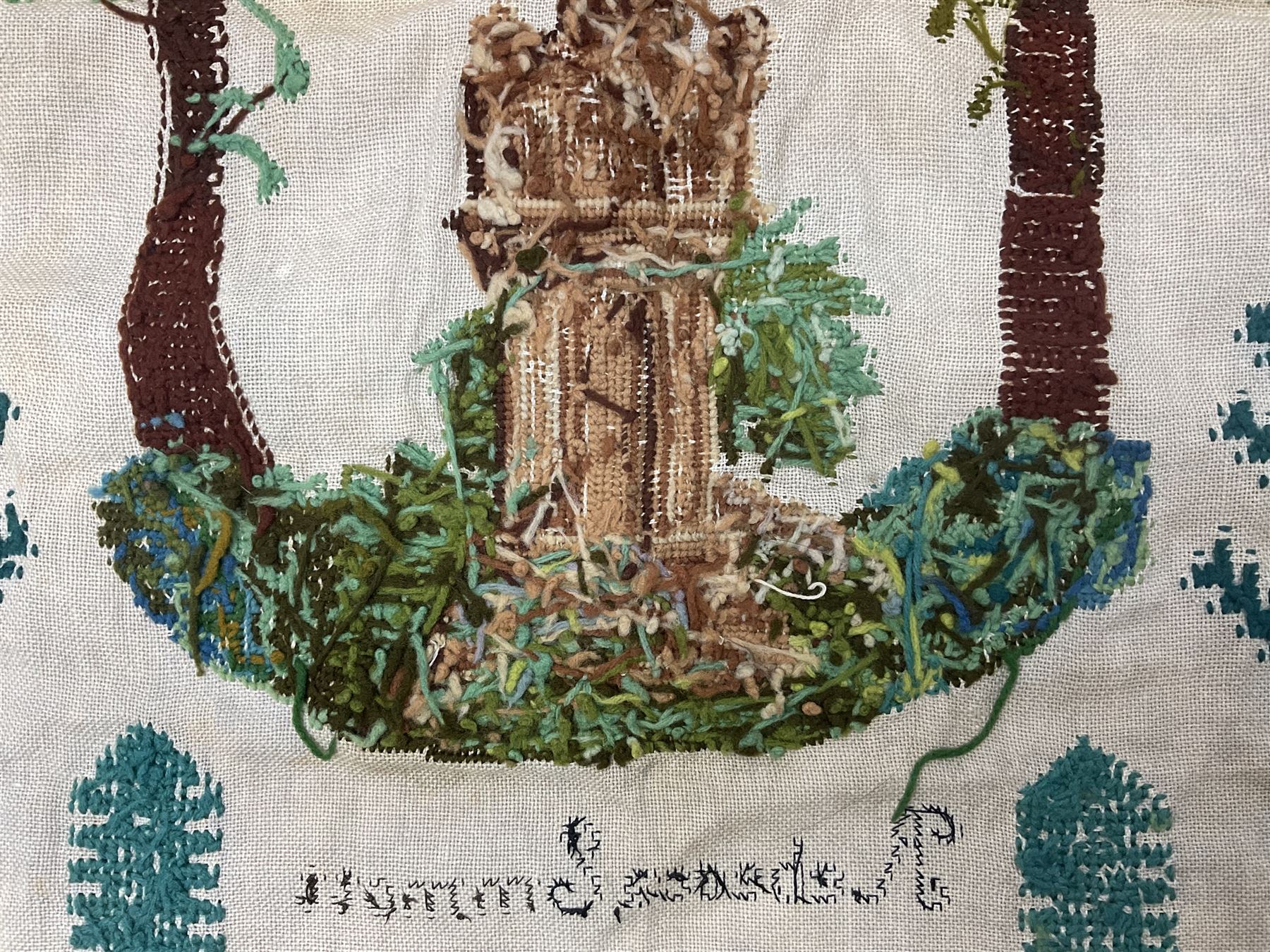 Victorian needlework  picture and verse sampler, 'In memory of Joshua Thomas who died Sep 22nd 1871 age 45', worked by Rebecca Emmott 1872 age 21, H66cm, W61cm 