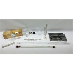 Quantity of laboratory and physics glassware including 'Guinea and Feather' equipment; boxed Latent Heat apparatus; Maltese Cross tube; atmospheric air pressure indicator flask; electroscope discharge tubes etc