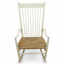 Hans J. Wegner (Danish: 1914-2007) - 'J16' beech framed rocking chair, stamped 'FDB Møbler Made in Denmark', rush seat out swept arms with a gently curved rockers