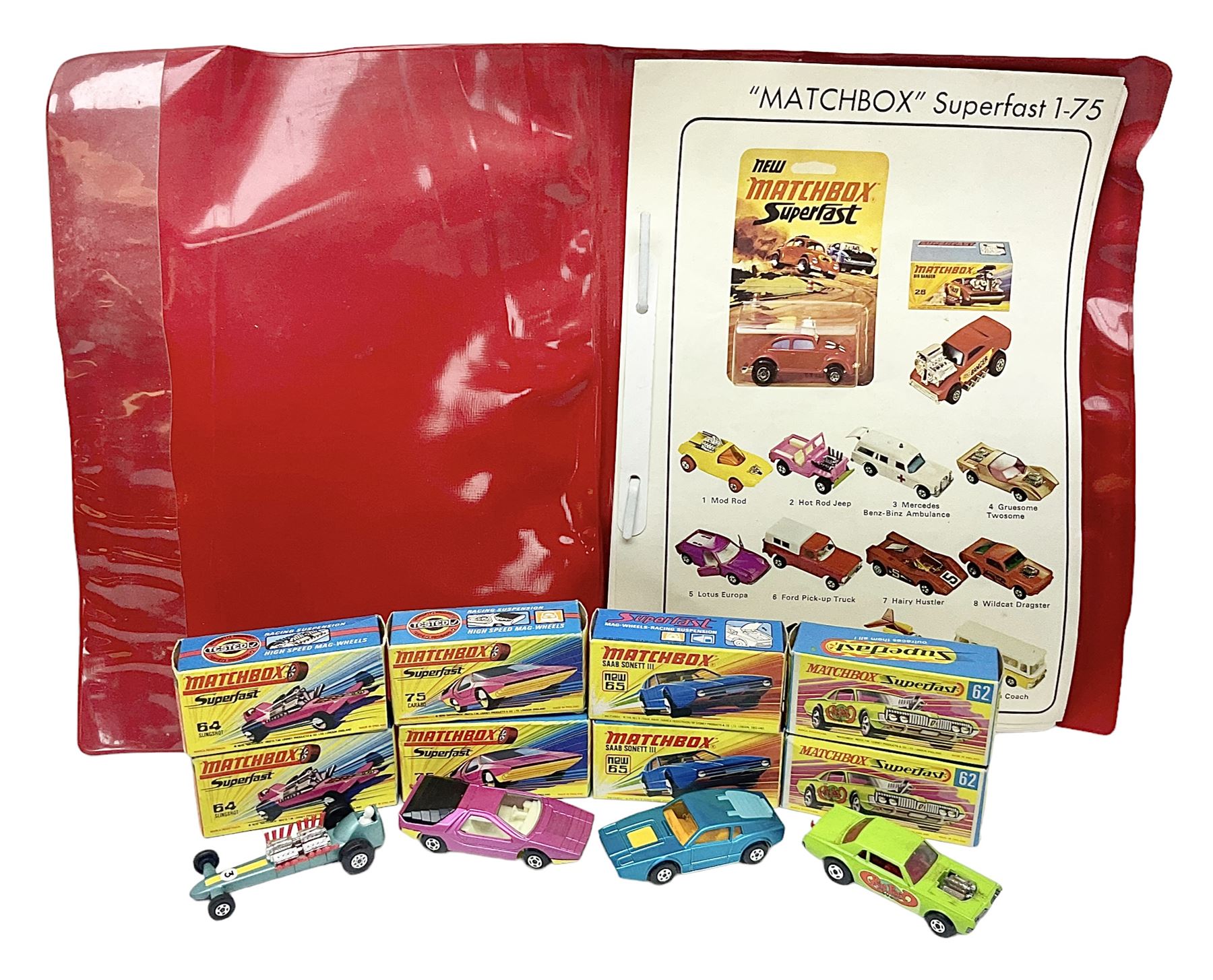 Matchbox 1-75 Series 'Superfast' ex-shop stock - eight models comprising two 62d Dragster, two 64c Slingshot Dragster, two 65d Saab Sonnet III and two 75c Alfa Carabo; all boxed; together with Matchbox trade catalogue c1973 in original vinyl cover (9)