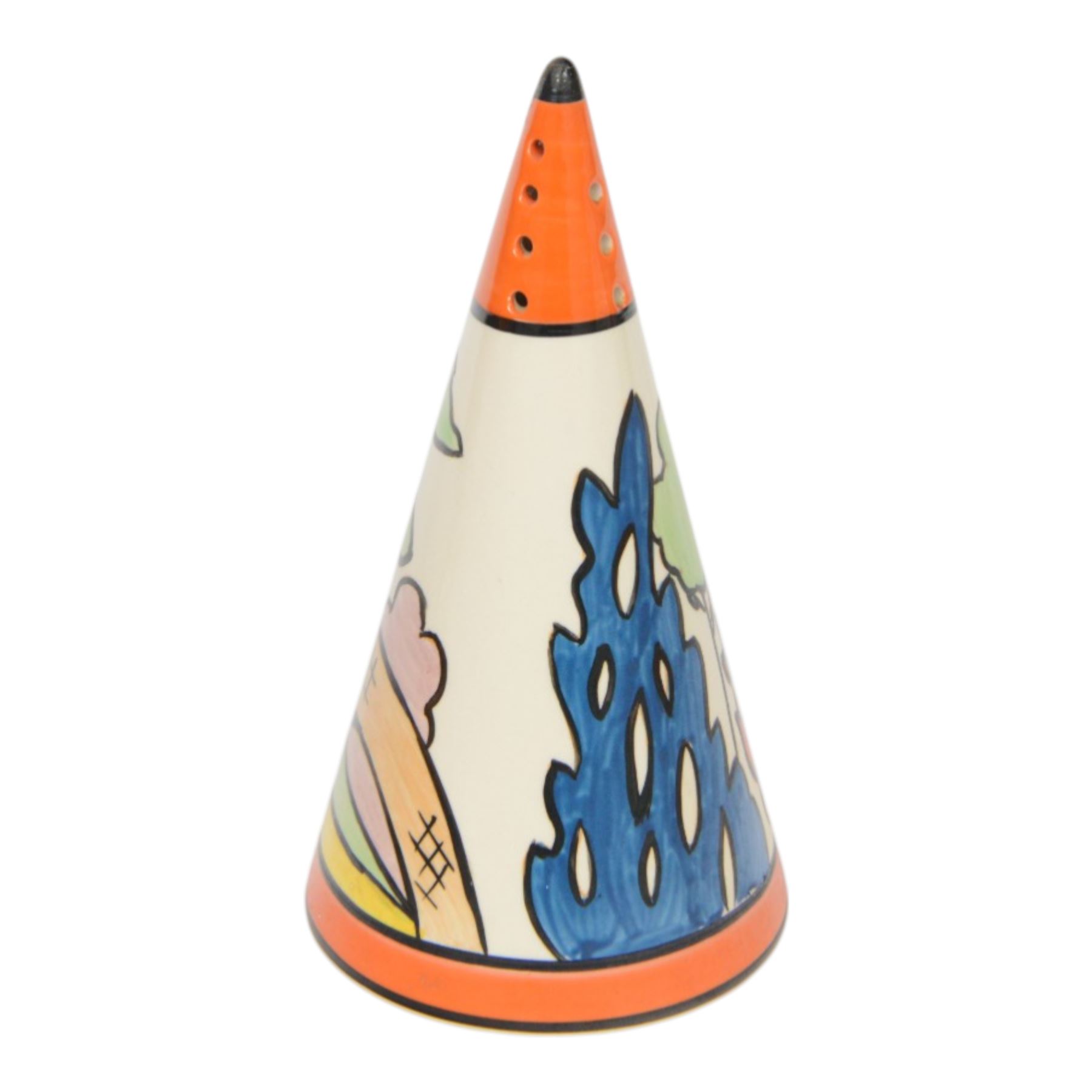 Wedgwood Bizarre by Clarice Cliff, four Conical Sugar shakers, comprising May Avenue, Trees and House, Sliced Circle and Orange Roof Cottage, all with certificates and boxes 