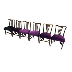 Set six 19th century country oak and elm dining chairs, high back with pierced splat, sprung seat upholstered in purple velvet fabric