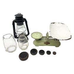 Chalwyn Tropic oil lamp, together with additional glass for Chalwyn lamps and vintage green painted metal Siddons kitchen scales with weights