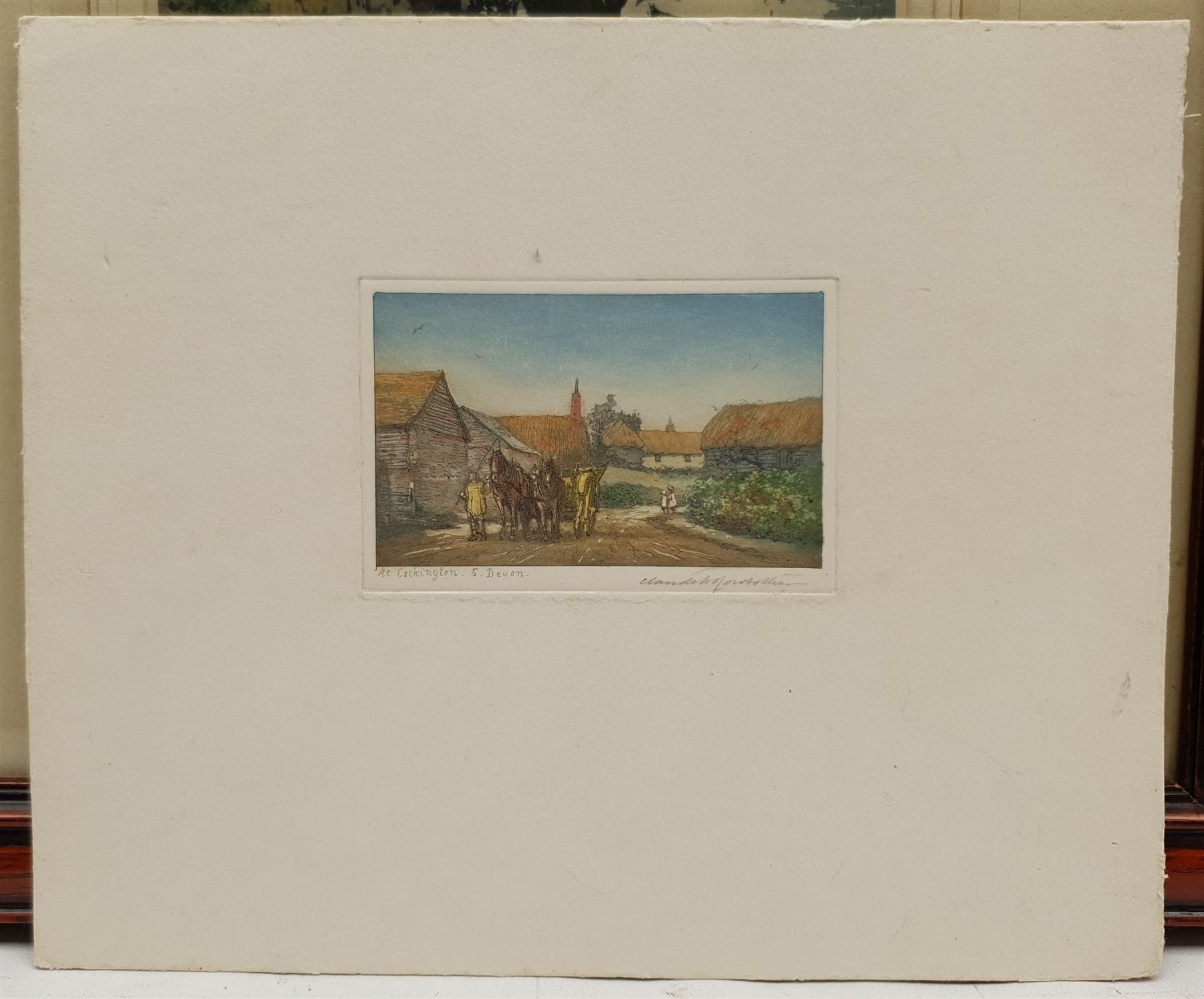 Claude Hamilton Rowbotham (British 1864-1949): 'Low Tide Whitby Harbour' and 'At Cockington South Devon', two coloured etchings with aquatint signed in pencil, titled in the plate 11cm x 15cm and 6cm x 10cm (2) (one unframed)