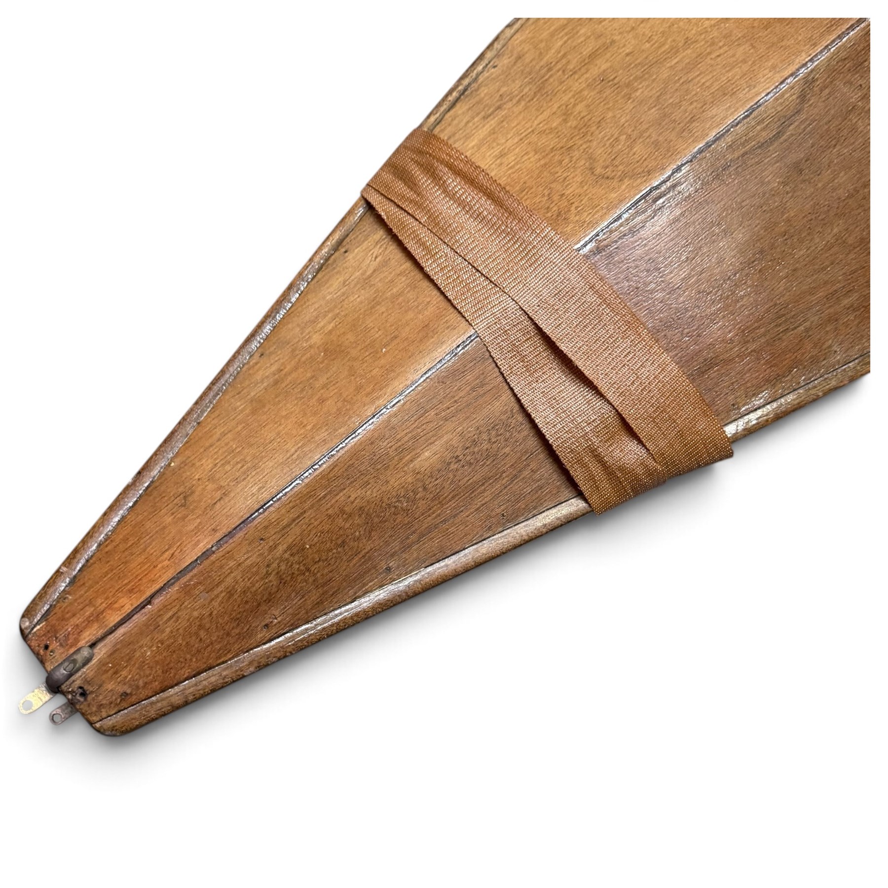 Mid-20th century varnished marine plywood two-person touring kayak, the decked hull with pointed bow and stern, two circular Holt-Allen access hatches and central open cockpit fitted with seats