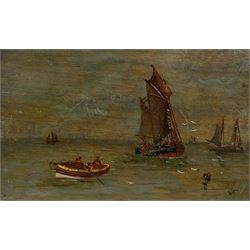 HTM (French 19th/20th century): Rowboat and Sailing Vessels, oil on panel signed 13cm x 21cm