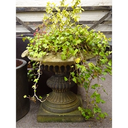  Garnkirk - 19th century fireclay garden tazza shaped urn, the rim moulded with trailing leafage, gadroon moulded body on waisted lobed pedestal, square section base, the base inscribed 'Garnkirk', planted with shrub, D63cm,  H55cm  
