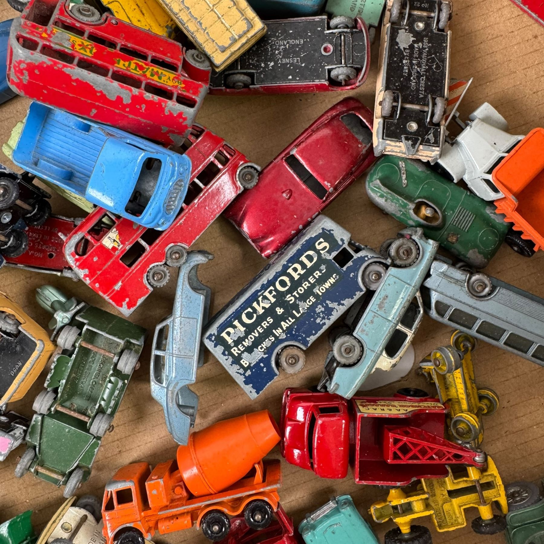 Collection of Matchbox Lesney diecast model vehicles, including buses, lorries, cars, cranes, etc, all loose and playworn