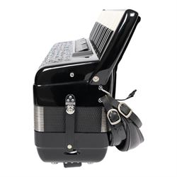Vignoni Philharmonic II basso piano accordion, with 41 keys, possibly a custom model,  the black high gloss case with carrying strap and in fitted case with grey faux fur interior