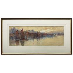 Frank Rousse (British fl.1897-1917): Whitby Harbour looking up the Esk, watercolour signed 19cm x 53cm
