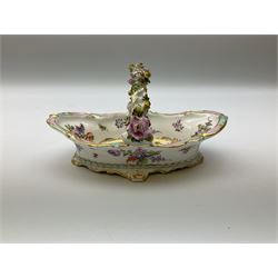 Dresden floral basket, hand painted with floral decoration and gilt scrolls, H12cm, L20cm. 