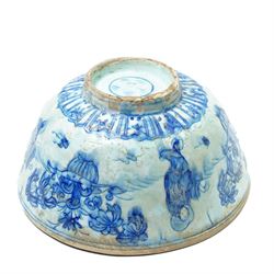 17th century Persian Safavid bowl decorated in the Chinese manner in blue and white with figures and flowers and with pseudo Chinese marks D23cm