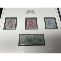 Great Britain King Edward VII one pound green stamp, two shillings sixpence purple, five shillings red, ten shillings blue etc, forming 'The United Kingdom King Edward VII Complete Stamp Collection', all used, previously mounted, housed in a Harrington and Byre folder