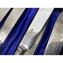 Set of six EPNS fish knives and forks with ivorine handles and hallmarked silver ferrules, boxed, together with a tapering glass decanter with hallmarked silver collar and pair of cut glass salts with hallmarked silver collars, decanter H32cm