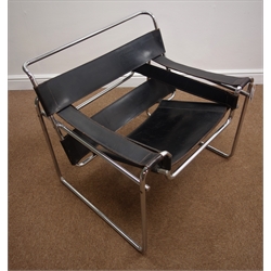  After Marcel Breuer - late 20th century 'Wassily' design armchair, polished tubular metal frame with black leather seat back and arms   