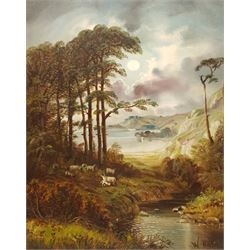 W Halley? (British late 19th century): Rugged Landscape with Sheep by a River, oil on panel indistinctly signed 50cm x 40cm