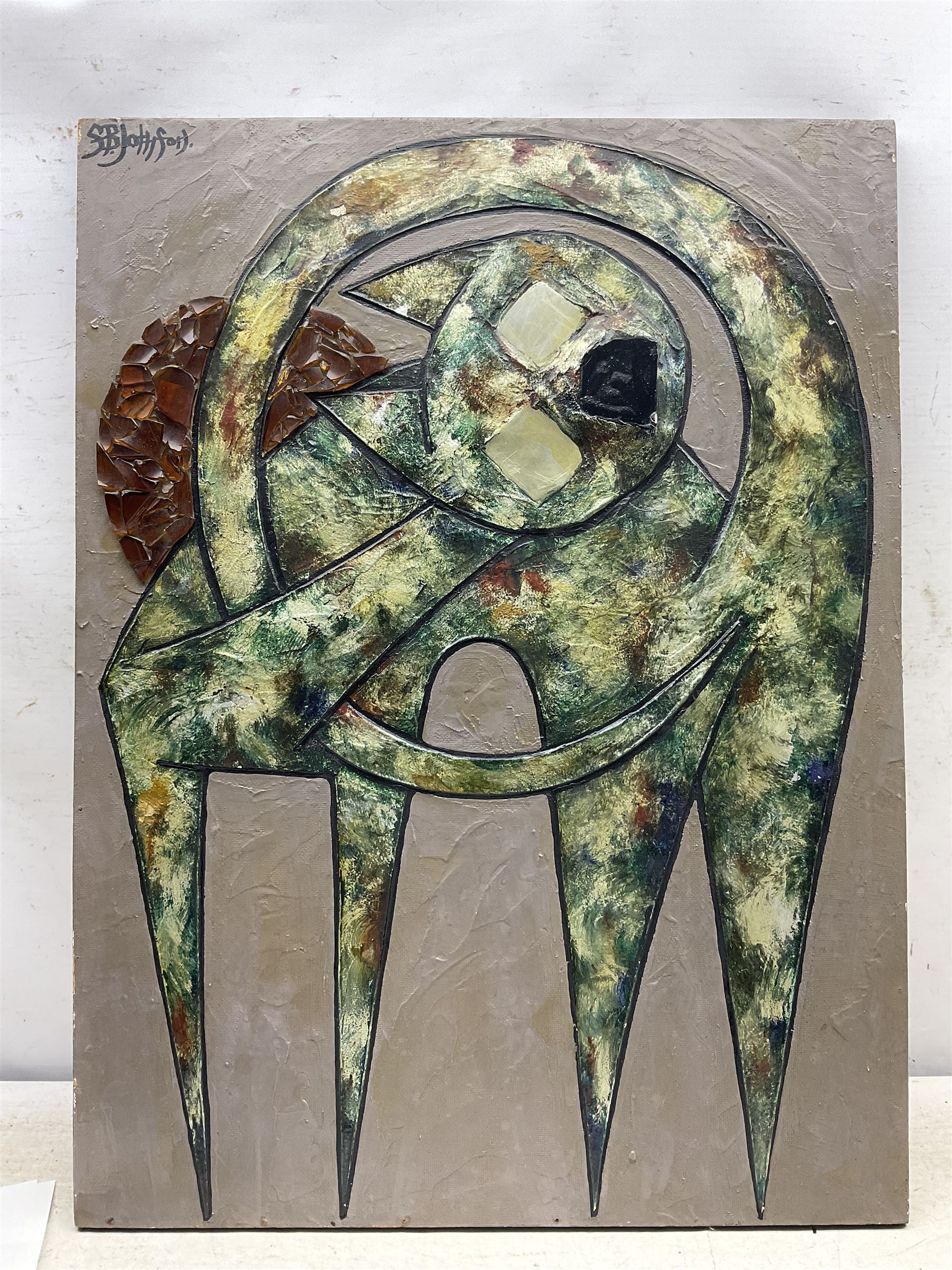 Stewart Bowman Johnson (Scottish 1938-2019): Catawampus, mixed media collage signed   82cm x 61cm 