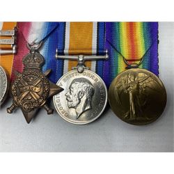 Boer War/WW1 group of five medals comprising Queens South Africa Medal with Transvaal clasp and Kings South Africa Medal with two clasps for South Africa 1901 & 1902 awarded to  2269 Pte. G. Thompson K.R.R.C.; together with British War Medal, 1914 Star and Victory Medal awarded to 6683 Pte. G.H. Thompson 3-HRS.; all with ribbons mounted for display on card; together with copy death certificate following discharge due to being physically unfit and other biographical photocopies.