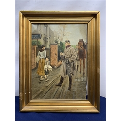 After Fortunino Matania (1881-1963) 'The Stronger' depicting a Dutch boy insulting a German Officer, oil on canvas, signed with initials HD26.3.22, titled verso and dated 1915. 38 x 28cm, gilt frame