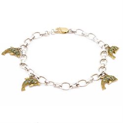 Silver oval link bracelet, with five 9ct gold Russian alexandrite set dolphin charms and a...